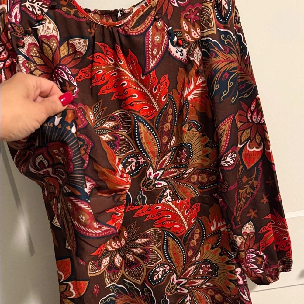 LOFT Red and Brown Floral Long Sleeve Dress - Picture 5 of 11
